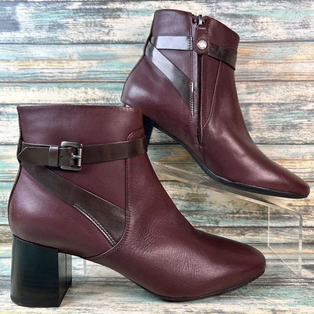 Geox Booties Womens 6.5-7/37 Burgundy Leather Ankle Dress Block Heel Zip Formal